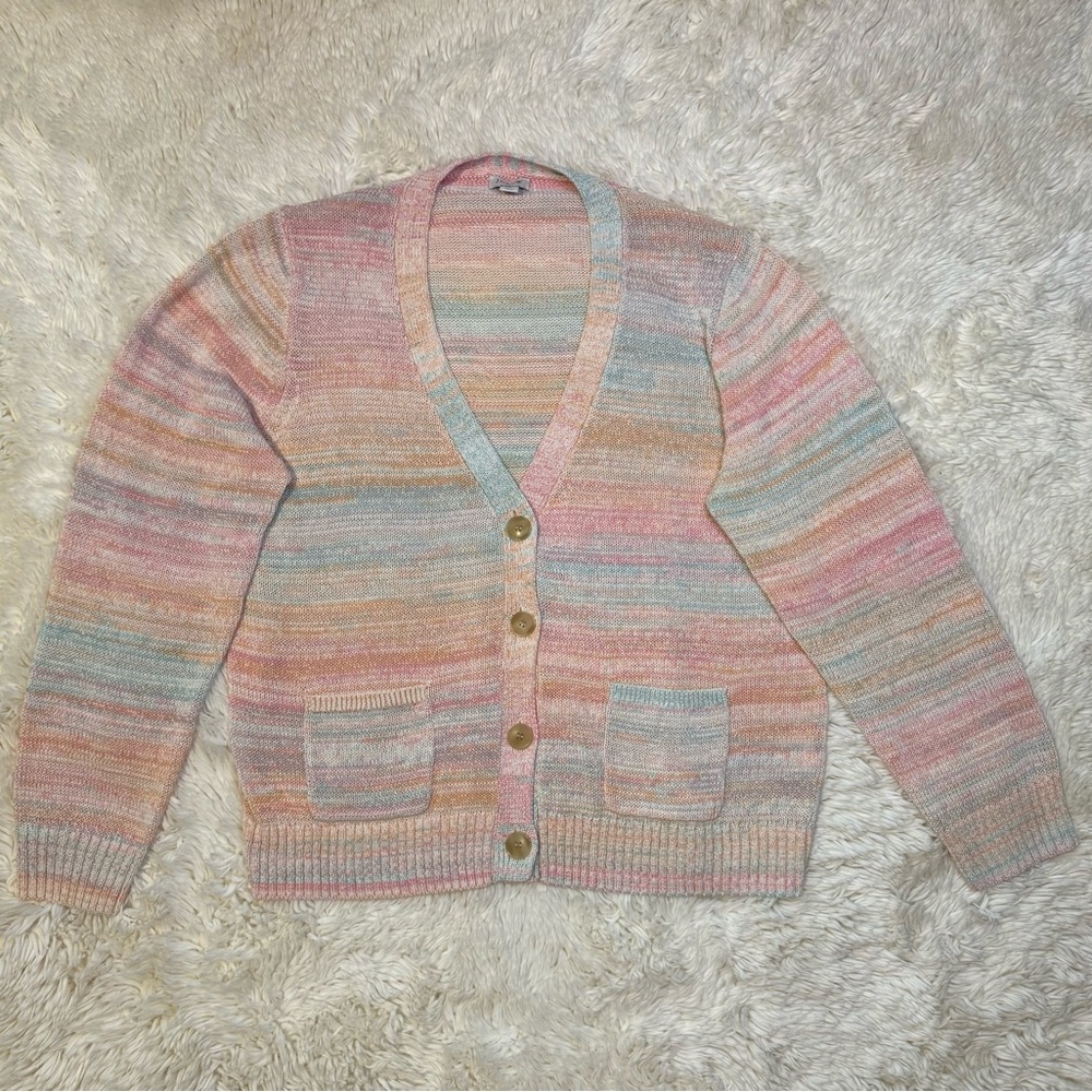 J. Crew Pastel Multicolor Rainbow V-Neck Cotton Button Front Cardigan